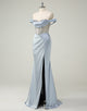 Dusty Blue Mermaid Strapless Beading Ruched Prom Dress