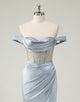 Dusty Blue Mermaid Strapless Beading Ruched Prom Dress