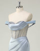 Dusty Blue Mermaid Strapless Beading Ruched Prom Dress