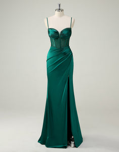 Dark Green Mermaid Spaghetti Beading Ruched Prom Dress with Slit