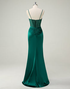 Dark Green Mermaid Spaghetti Beading Ruched Prom Dress with Slit