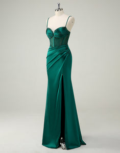 Dark Green Mermaid Spaghetti Beading Ruched Prom Dress with Slit