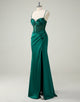 Dark Green Mermaid Spaghetti Beading Ruched Prom Dress with Slit