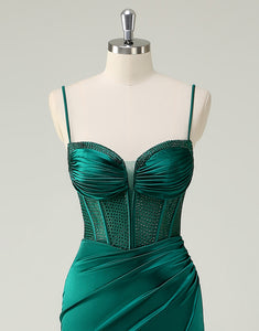 Dark Green Mermaid Spaghetti Beading Ruched Prom Dress with Slit