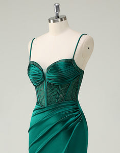 Dark Green Mermaid Spaghetti Beading Ruched Prom Dress with Slit