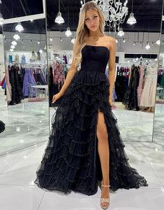 Black Tulle Off The Shoulder Ruffle Beaded Long Prom Dress With Slit