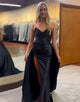 Black Strapless V-neck Satin Ruched Sheath Long Prom Dress with Slit