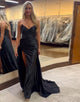 Black Strapless V-neck Satin Ruched Sheath Long Prom Dress with Slit