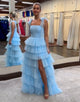 Blue Spaghetti Straps A-Line Tulle Tiered Long Prom Dress with Slit