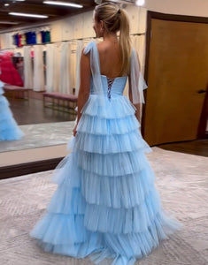 Blue Spaghetti Straps A-Line Tulle Tiered Long Prom Dress with Slit