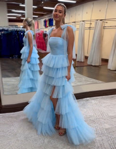 Blue Spaghetti Straps A-Line Tulle Tiered Long Prom Dress with Slit