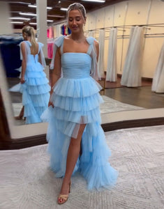 Blue Spaghetti Straps A-Line Tulle Tiered Long Prom Dress with Slit