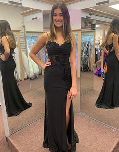 Black Spaghetti Straps Mermaid Applique Long Prom Dress with Slit