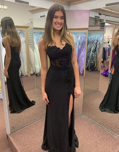 Black Spaghetti Straps Mermaid Applique Long Prom Dress with Slit