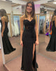 Black Spaghetti Straps Mermaid Applique Long Prom Dress with Slit