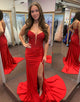 Red Spaghetti Straps Beaded Applique Long Prom Dress with Slit