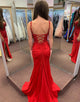 Red Spaghetti Straps Beaded Applique Long Prom Dress with Slit