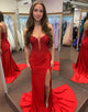 Red Spaghetti Straps Beaded Applique Long Prom Dress with Slit