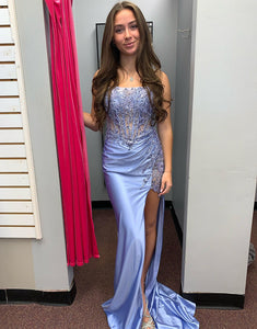 Grey Blue Strapless Satin Mermaid Applique Long Prom Dress with Slit