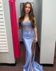 Grey Blue Strapless Satin Mermaid Applique Long Prom Dress with Slit