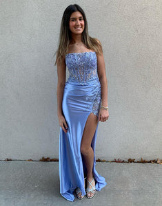 Grey Blue Strapless Satin Mermaid Applique Long Prom Dress with Slit