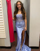 Grey Blue Strapless Satin Mermaid Applique Long Prom Dress with Slit