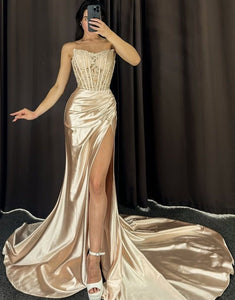 Golden Strapless Mermaid Applique Long Prom Dress with Slit