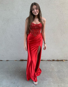 Glitter Red Spaghetti Straps Appliques Mermaid Long Prom Dress