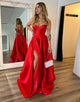 Chic Red Sweetheart Satin A-Line Long Prom Dress with Slit