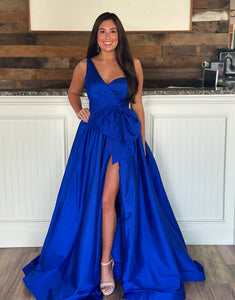 Royal Blue One Shoulder A-Line Satin Long Prom Dress with Bow