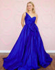 Royal Blue One Shoulder A-Line Satin Long Prom Dress with Bow