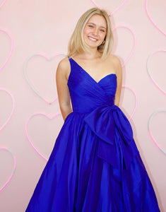 Royal Blue One Shoulder A-Line Satin Long Prom Dress with Bow