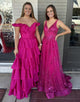 Fuchsia Off the Shoulder A-Line Tiered Long Prom Dress with Slit