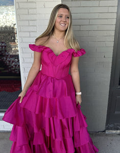 Fuchsia Off the Shoulder A-Line Tiered Long Prom Dress with Slit