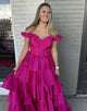 Fuchsia Off the Shoulder A-Line Tiered Long Prom Dress with Slit