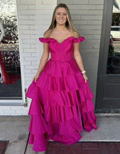 Fuchsia Off the Shoulder A-Line Tiered Long Prom Dress with Slit