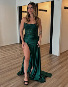 Dark Green Strapless Mermaid Long Prom Dress with Appliques