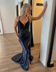 Black Satin Mermaid Spaghetti Straps Long Prom Dress with Appliques