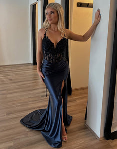 Black Satin Mermaid Spaghetti Straps Long Prom Dress with Appliques