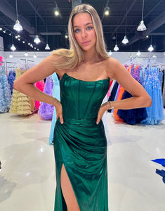 Dark Green Strapless Mermaid Ruched Long Prom Dress with Slit