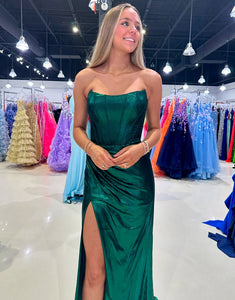 Dark Green Strapless Mermaid Ruched Long Prom Dress with Slit