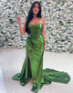 Dark Green Strapless Mermaid Ruched Long Prom Dress with Slit