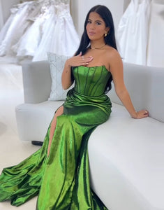 Dark Green Strapless Mermaid Ruched Long Prom Dress with Slit