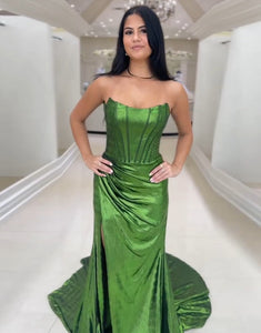 Dark Green Strapless Mermaid Ruched Long Prom Dress with Slit