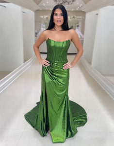 Dark Green Strapless Mermaid Ruched Long Prom Dress with Slit