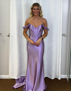 Trendy Lilac Off the Shoulder Satin Mermaid Long Prom Dress