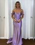 Trendy Lilac Off the Shoulder Satin Mermaid Long Prom Dress