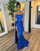 Royal Blue Satin Strapless Mermaid Long Prom Dress with Slit