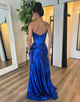 Royal Blue Satin Strapless Mermaid Long Prom Dress with Slit