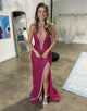 Sparkly Fuchsia Halter Neck Sequins Mermaid Long Prom Dress with Slit